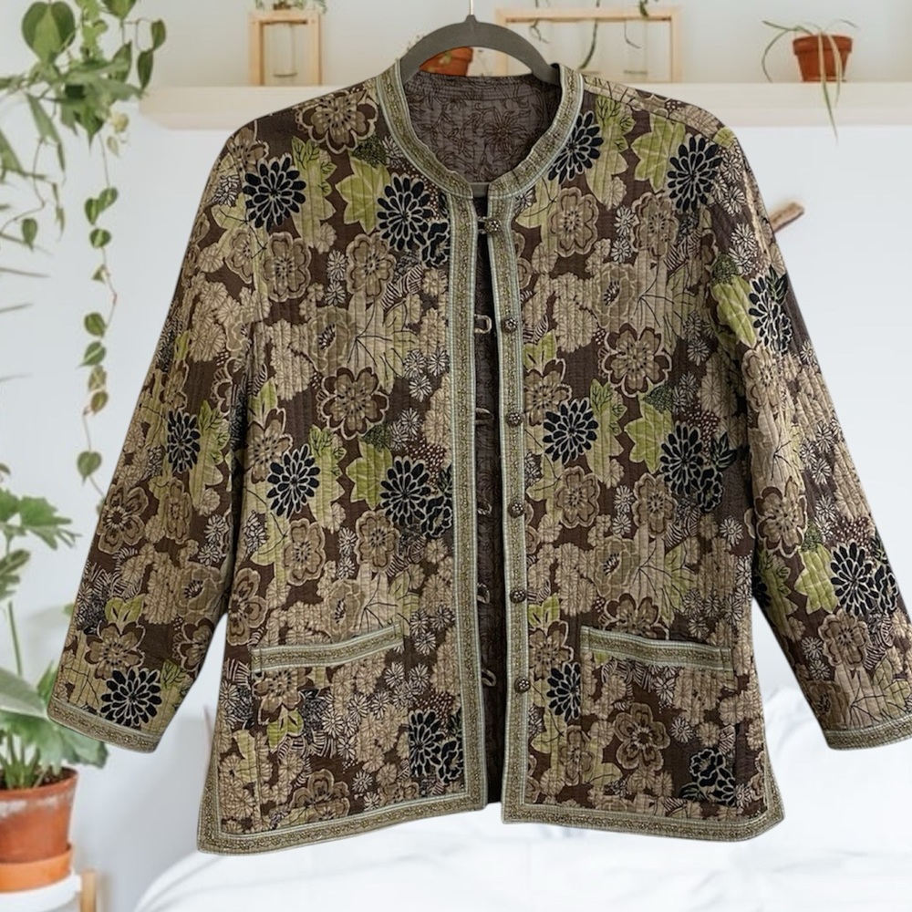 Boho Quilted Reversible Jacket Button Closure Poc… - image 2